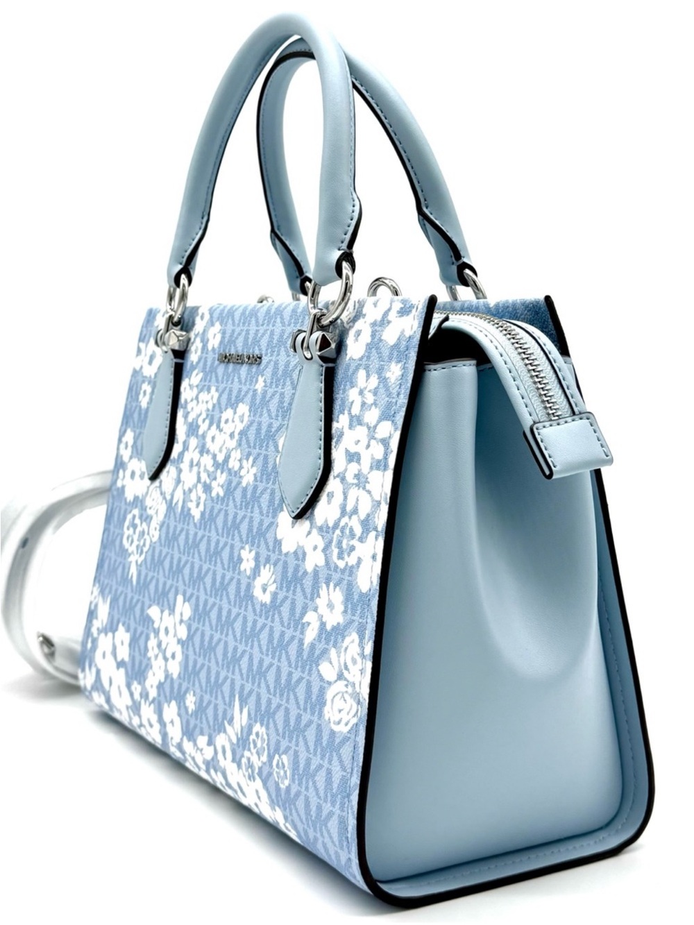 Michael Kors Marilyn Medium Printed Signature Logo Satchel Bag - Pale Ocean - Picture 3 of 8